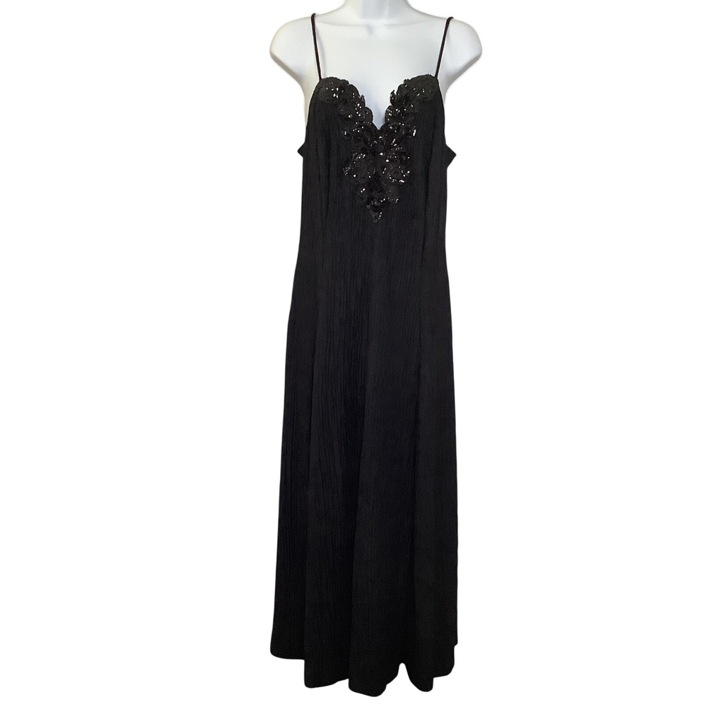 Vintage 90s Black Formal Sequin Beaded Slinky Glam Maxi Slip Evening Dress 14